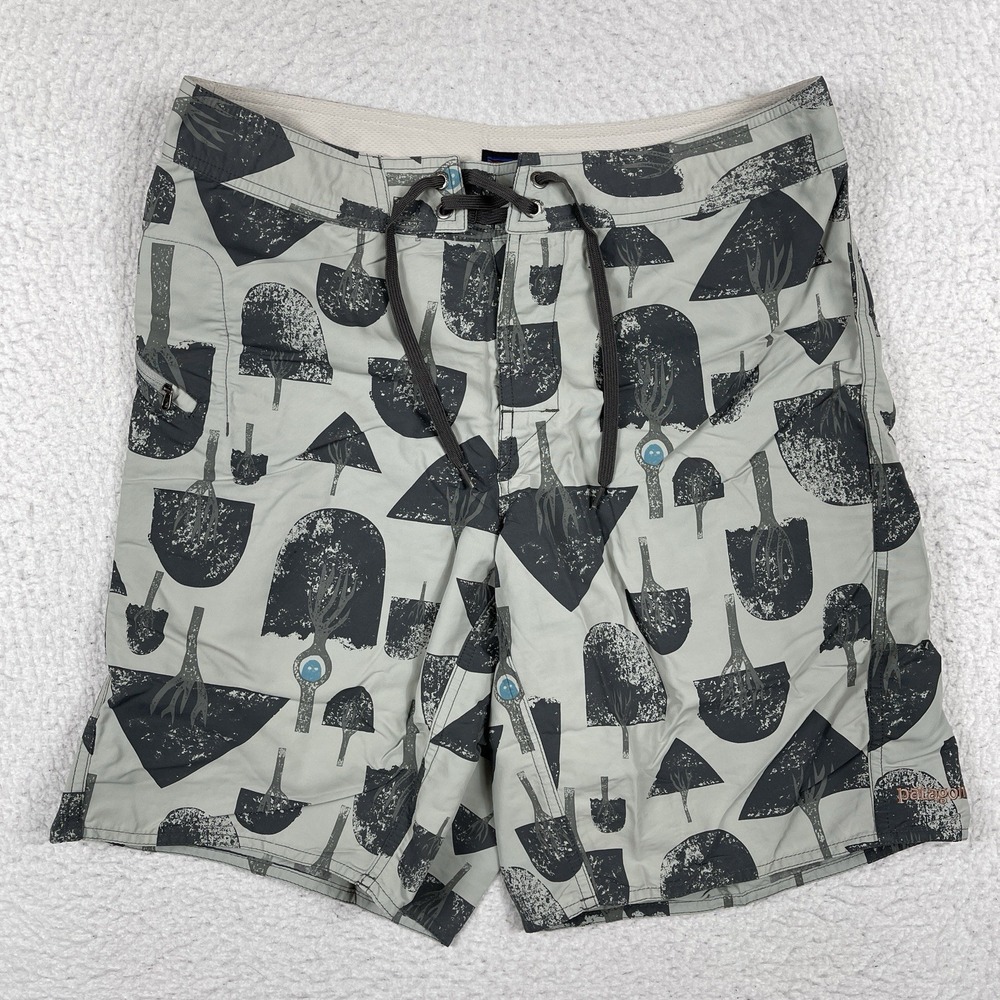 Patagonia Board Shorts Mens 33 Grey Black Abstract Tree Print Travel Vacation